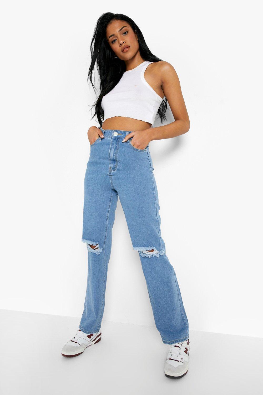 Straight leg ripped knee hot sale jeans